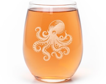 Octopus Stemless Wine Glass Nautical Decor Kraken Beach House Gift for Her Fisherman Gifts