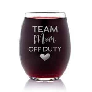 Team Mom Off Duty Stemless Wine Glass: Laser Etched Gift image 2