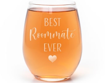 Best Roommate Ever Heart Stemless Wine Glass - Roommate Gift, Roommate Glass, Heart Glass