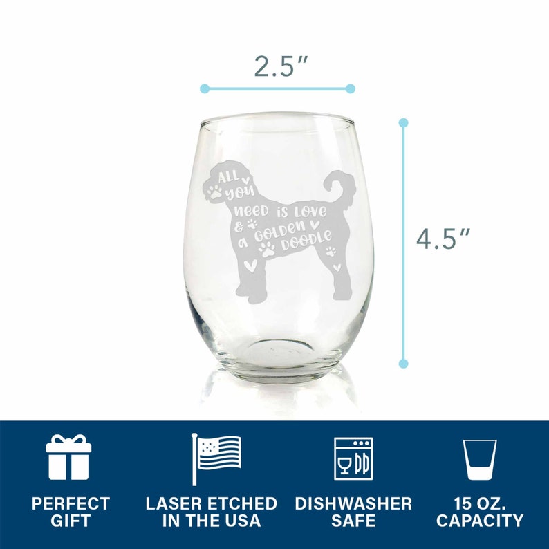 Dog Mom Glass Golden Doodle Gift Gift For Dog Lovers Dog Gift Love And Golden Doodle Stemless Wine Glass
