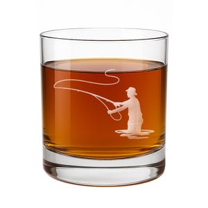 Fly Fisherman Casting Rocks Glass Fishing Gifts for Men Cabin Decor Whiskey Lover Gift for Dad