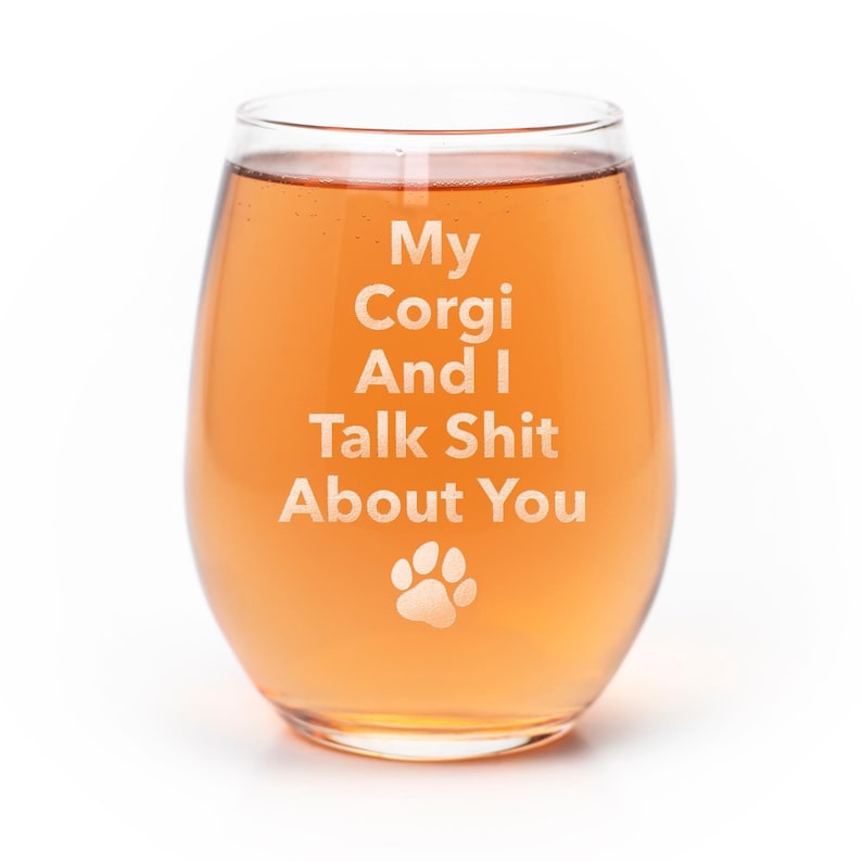 Funny Corgi Stemless Wine Glass: Etched Gift for Dog Owners, Corgi Gifts image 1