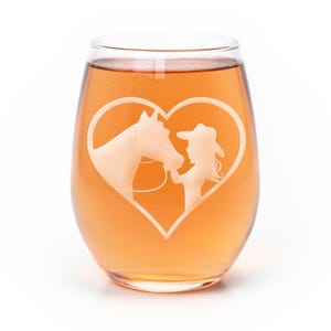 Heart Cowgirl Stemless Wine Glass - Gift Ideas For Horse Lovers, Horse Gift Idea, Horse Lover Gift, Unique Horse Gift, Horse Riding Glass image 1