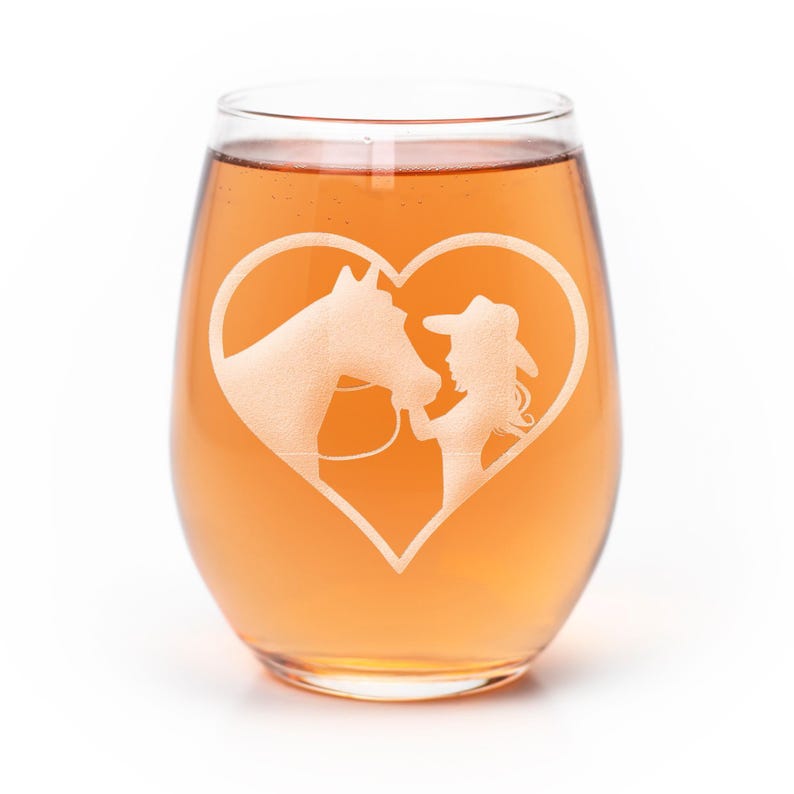 Heart Cowgirl Stemless Wine Glass - Gift Ideas For Horse Lovers, Horse Gift Idea, Horse Lover Gift, Unique Horse Gift, Horse Riding Glass image 1