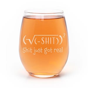 May include: A clear stemless wine glass filled with an amber-colored liquid. The glass features white etched text that reads (√(-SHIT))^2 and below it, the phrase Shit just got real, written in a simple, clean, sans-serif font style.