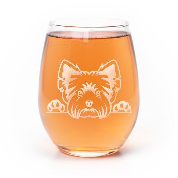 Yorkshire Terrier Etched Stemless Wine Glass - Yorkie Dog Gift