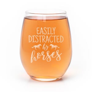 Easily Distracted By Horses Stemless Wine Glass: Laser Etched Equestrian Gift
