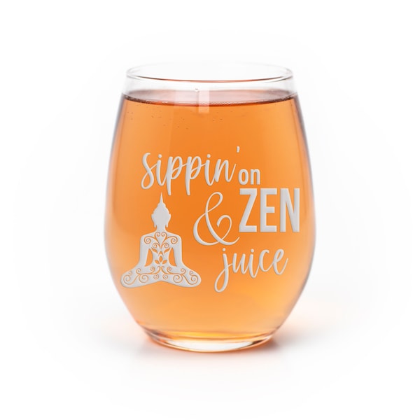 Sippin on Zen and Juice Yoga Stemless Wine Glass - Yoga Gift, Namaste, Gift For Relaxation, Pun Gift, Wine Lover, Her, Mother