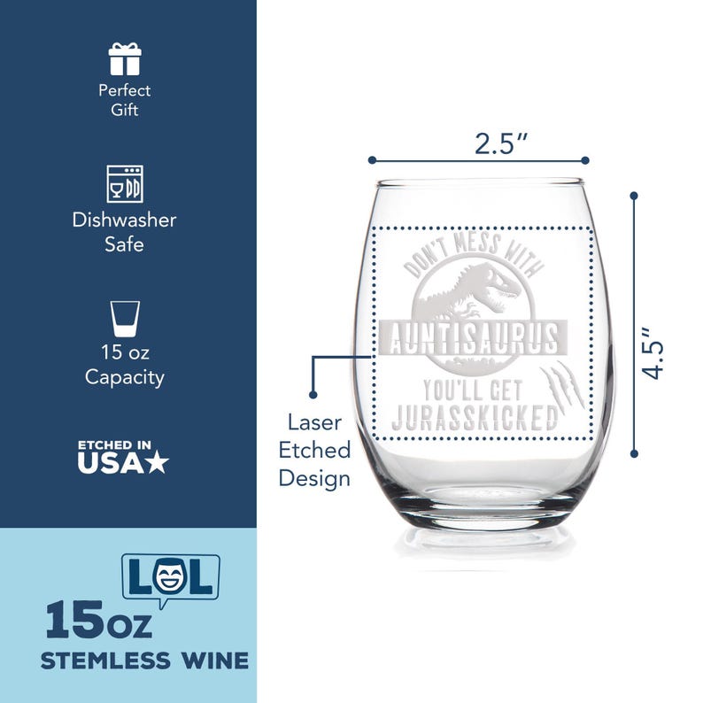 Auntisaurus Stemless Wine Glass - Funny Aunt Gift Bild 4