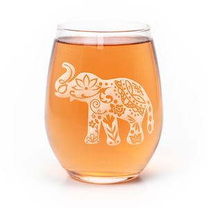 Etched Elephant Lotus Stemless Wine Glass - Zen Yoga Gift