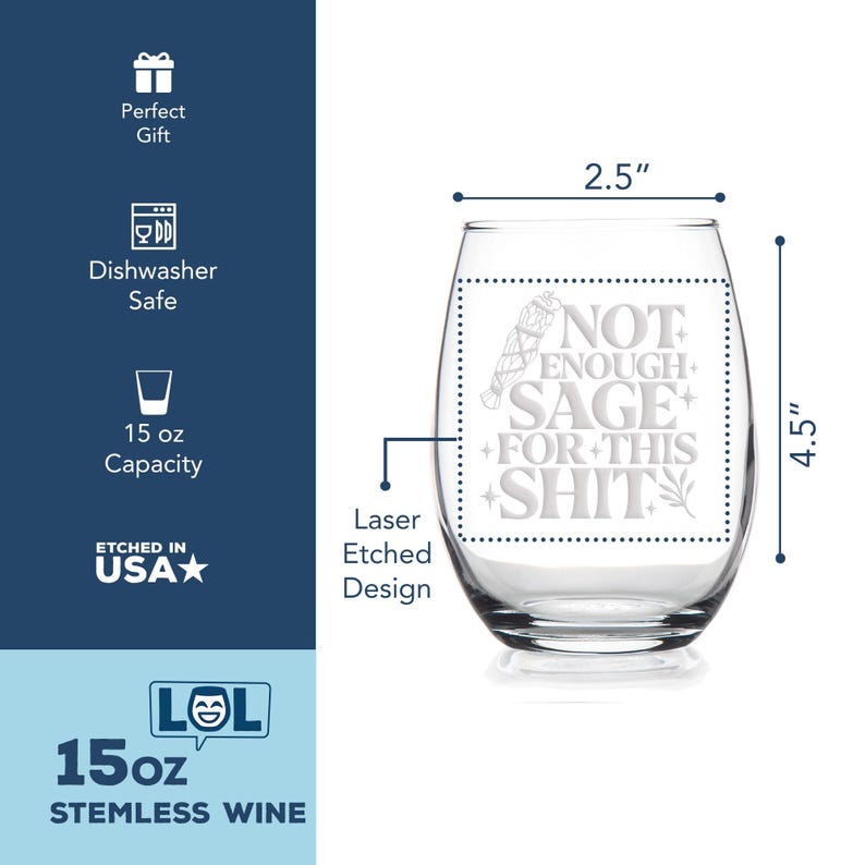 Not Enough Sage For This Stemless Wine Glass - Sarcasm & Spirits, Witchcraft Gift, Witch Gifts, Sage Gift, Mystical Decor, Witch Symbol image 4