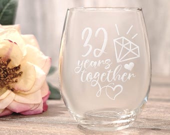 32nd Anniversary Stemless Wine Glass: Etched Gift - Etsy