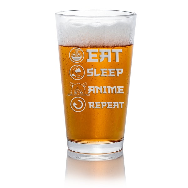 Eat Sleep Anime Pint Beer Glass - Manga Moments, Anime Gift, Otaku Gift, Anime Lover Gift, Japan Gift, Japanese