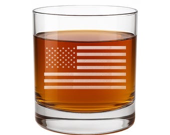 American Flag Round Rocks Glass - Whiskey Glass, Glass Engraved, Whiskey Glass Dad, Whiskey Glasses, Whiskey Gift For Him, Glass