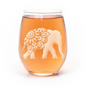 Elephant Mandala Laser Etched Stemless Wine Glass