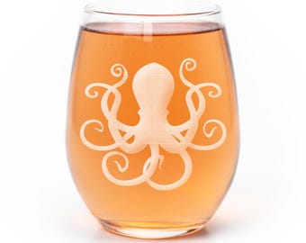 Laser Etched Octopus Stemless Wine Glass: Nautical Sea Life Gift