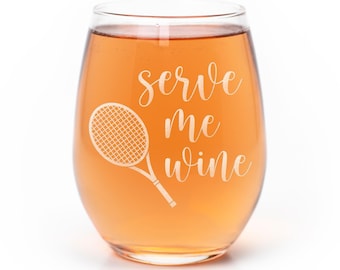 Serve Me Wine Tennis Stemless Wine Glass: Laser Etched Gift