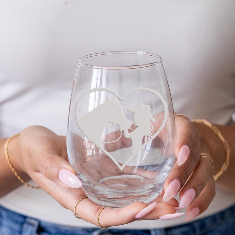 Heart Cowgirl Stemless Wine Glass - Gift Ideas For Horse Lovers, Horse Gift Idea, Horse Lover Gift, Unique Horse Gift, Horse Riding Glass image 3