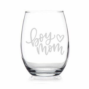 on The Rox Drinks Wine Gifts for Mom- 17oz “Boy Mom” Engraved Stemless Wine Glass