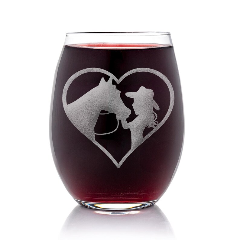 Heart Cowgirl Stemless Wine Glass - Gift Ideas For Horse Lovers, Horse Gift Idea, Horse Lover Gift, Unique Horse Gift, Horse Riding Glass image 2