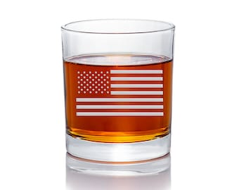 American Flag Round Rocks Glass - Whiskey Glass, Glass Engraved, Whiskey Glass Dad, Whiskey Glasses, Whiskey Gift For Him, Glass