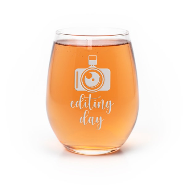 Editing Day Photographer Stemless Wine Glass - Photographer Gift, Photographer, Camera Wine Glass, Photographers Gift