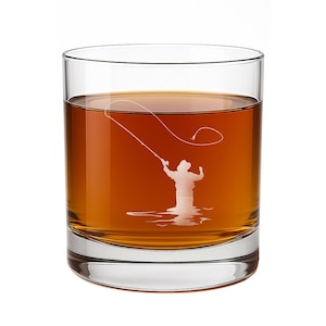 Fly Fisherman Etched Rocks Glass - Fishing Gift