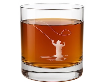 Fly Fisherman Etched Rocks Glass - Fishing Gift