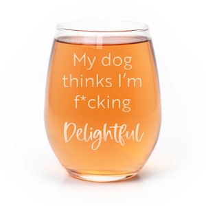 My Dog Thinks Im Fcking Delightful Stemless Wine Glass - Pet Gift, Dog Gift, Dog Mom, Funny Pet Glass, Dog Wine Glass