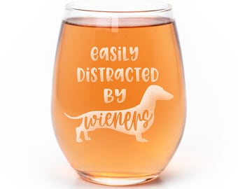 Easily Distracted By Wiener Dog Gift Stemless Wine Glass - Gifts For Dachshund Dog Owners