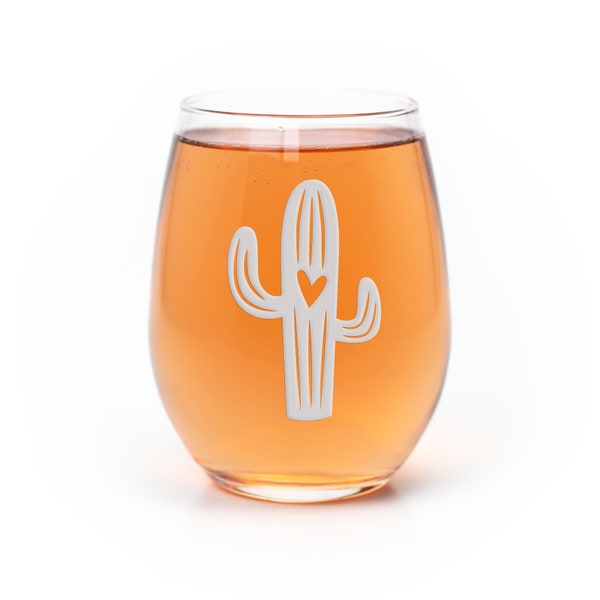 Cactus With Heart Stemless Wine Glass - Heart Gift, Wine Glass Gift, Cute Wine Glasses