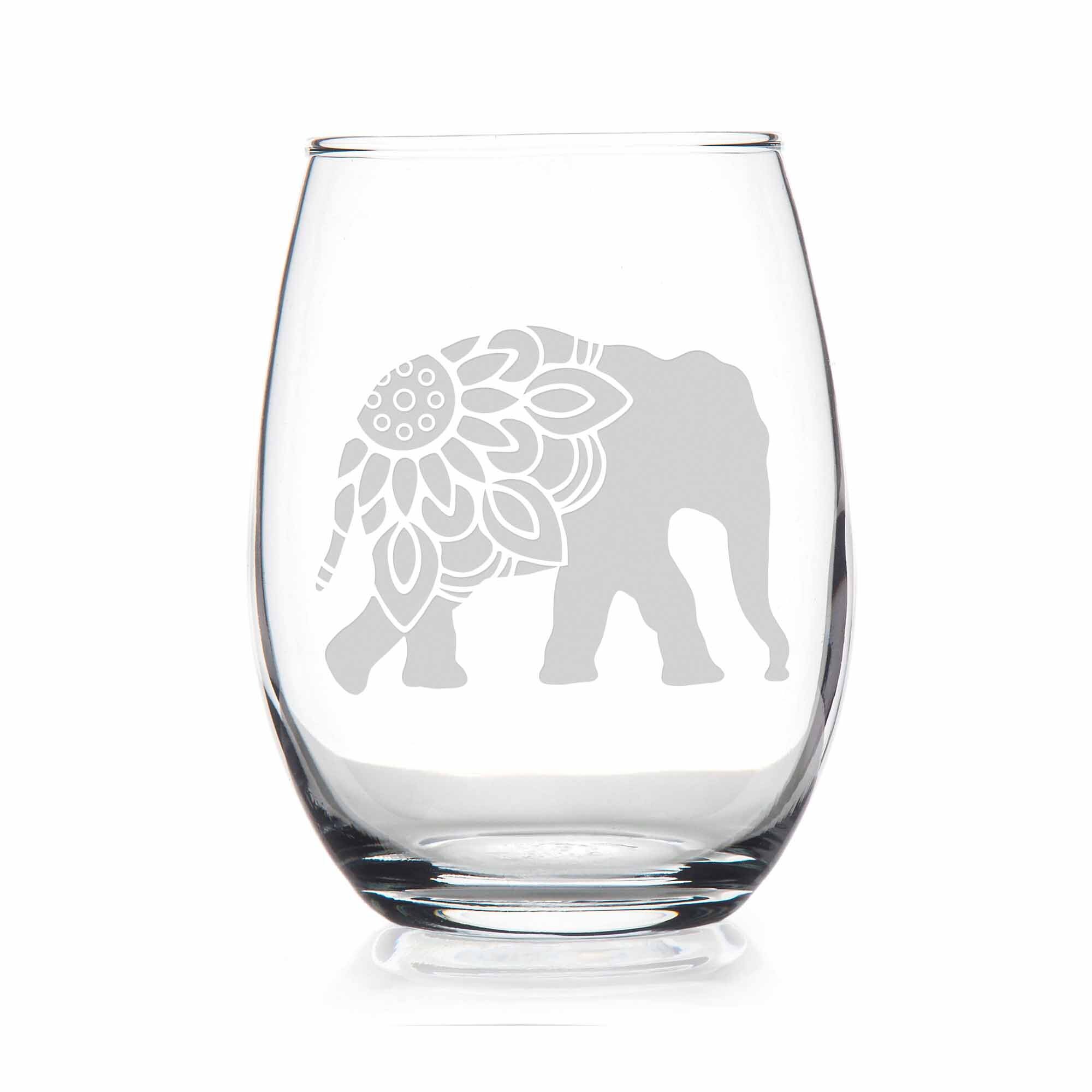 Perfect for Christmas Thanksgiving 17 oz Stemless Gin Glass with Tribal Elephant and Gift Card Birthday Onebttl Elephant Wine Glass Elephant Gifts for Women/Men 