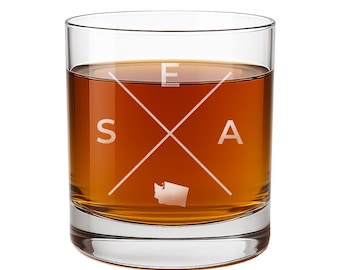 SEA Seattle Washington Rocks Glass - Etched Whiskey Glass