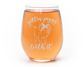 Getting Piggy With It Bandana Stemless Wine Glass - Farmhouse Gift, Pig Gift, Country Gift, Farmhouse Wine Glass, Pig Wine Glass