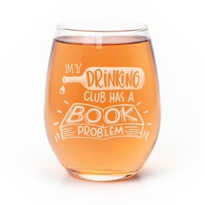 Etched Stemless Wine Glass: Book Lover Drinking Club Gift