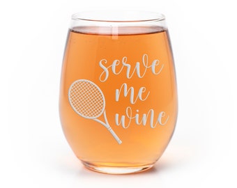 Serve Me Wine Tennis Stemless Wine Glass - Tennis Gift, Tennis Wine Glass, Tennis Player Gift, Tennis Coach Gift, Tennis Mom