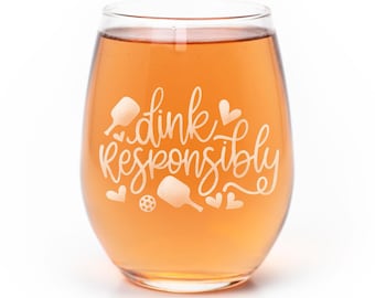 Pickleball Stemless Wine Glass: Dink Responsibly, Laser-Engraved 15oz