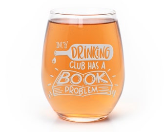Drinking Club Book Worm Problem Stemless Wine Glass - Book Lover Gift, Gift for Readers, Book Worm Gift, Book Club Gift