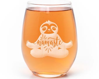 Sloth Namaste Stemless Wine Glass: Laser Etched Yoga Gift