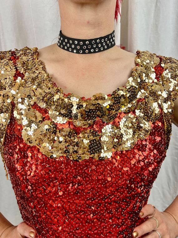 VINTAGE Red and Gold Sequined Saloon Gown - image 7