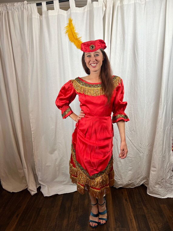red saloon dress VINTAGE Red and Gold Saloon Dress With Fun Hat!