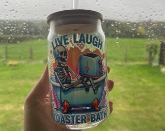 Live laugh toaster bath, soda can Glass tumbler with bamboo lid and straw