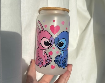 Stitch and angel, glass tumbler with bamboo lid and glass straw, iced coffee cup, can cup, 16oz, birthday gift, valentines present