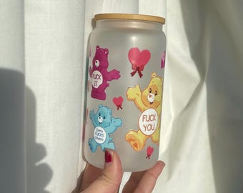 Rude Care Bears glass can tumbler with bamboo lid & glass straw, 16 fluid ounce capacity