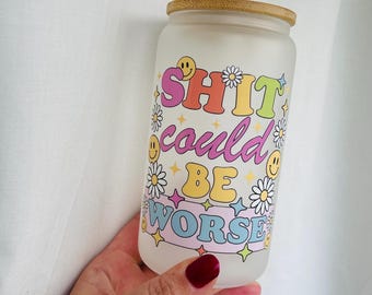 Could be worse glass can tumbler with bamboo lid & glass straw, 16 fluid ounce capacity