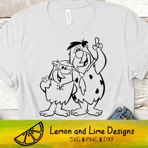 May include: Black and white line art illustration of Fred Flintstone and Barney Rubble from the cartoon The Flintstones. Fred is wearing a loincloth and Barney is wearing a fur vest. They are both smiling and Fred is pointing his finger up.