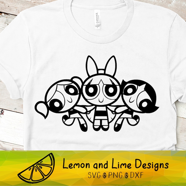 May include: Black and white line art illustration of the Powerpuff Girls, Blossom, Bubbles, and Buttercup, standing together. The girls are wearing their signature outfits and have their hair in pigtails.