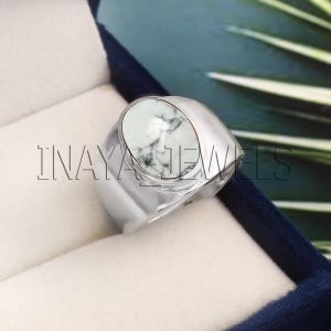 Natural Howlite Mens Ring: Solid Sterling Silver Oval Gemstone
