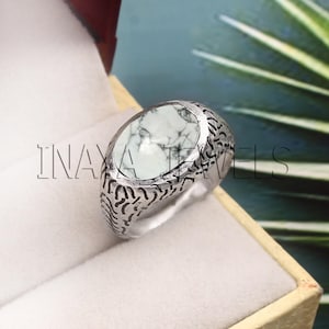 Handmade Sterling Silver Howlite Ring: Oval Gemstone Statement Ring