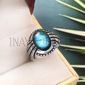 Natural Labradorite Mens Ring: Solid Sterling Silver Statement Ring